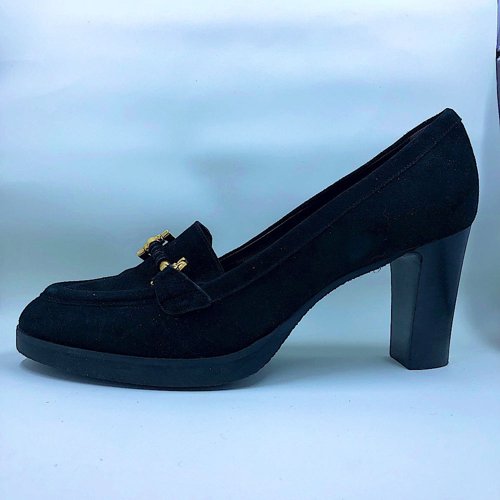 La CANADIENNE Black Suede Heeled Loafers with Gold Hardware